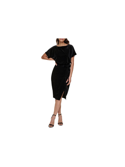KENSIE DRESSES Womens Black Belted Slitted Studded Lined Short Sleeve Boat Neck Below The Knee Party Sheath Dress S
