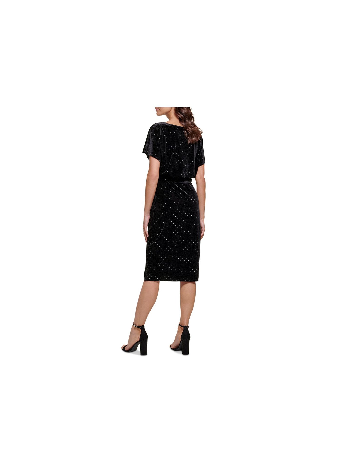 KENSIE DRESSES Womens Black Belted Slitted Studded Lined Short Sleeve Boat Neck Below The Knee Party Sheath Dress S