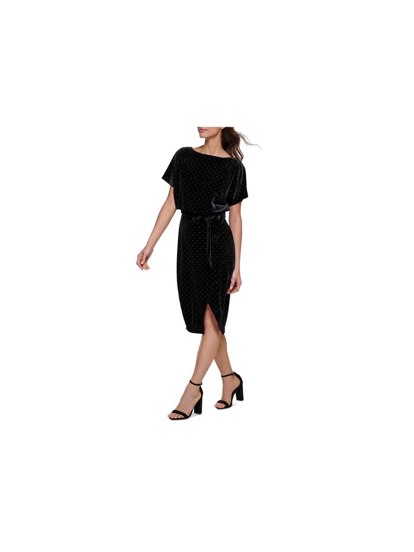 KENSIE DRESSES Womens Black Belted Slitted Studded Lined Short Sleeve Boat Neck Below The Knee Party Sheath Dress S