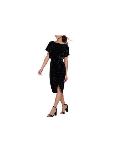 KENSIE DRESSES Womens Black Belted Slitted Studded Lined Short Sleeve Boat Neck Below The Knee Party Sheath Dress S
