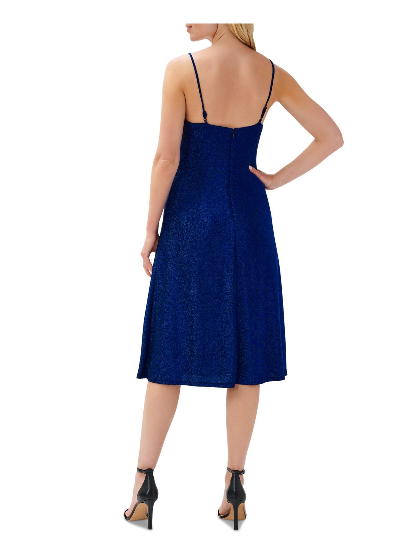 AIDAN AIDAN MATTOX Womens Blue Glitter Zippered Sleeveless V Neck Below The Knee Party Sheath Dress 16