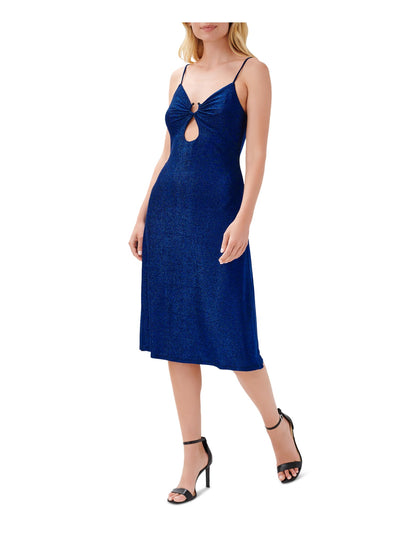 AIDAN AIDAN MATTOX Womens Blue Glitter Zippered Sleeveless V Neck Below The Knee Party Sheath Dress 16