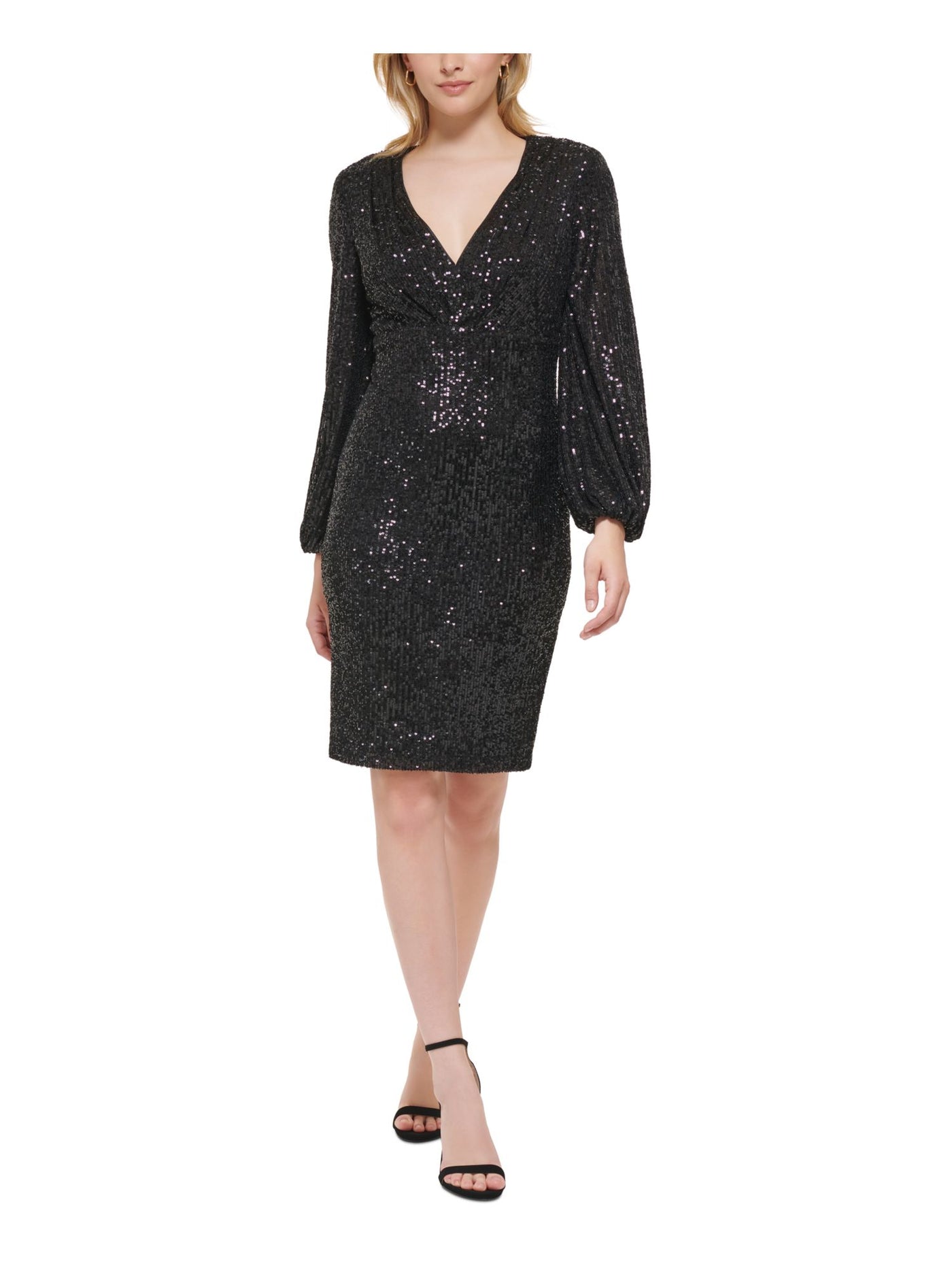 ELIZA J Womens Black Sequined Zippered Shoulder Pads Lined Pleated Blouson Sleeve V Neck Above The Knee Cocktail Sheath Dress 2