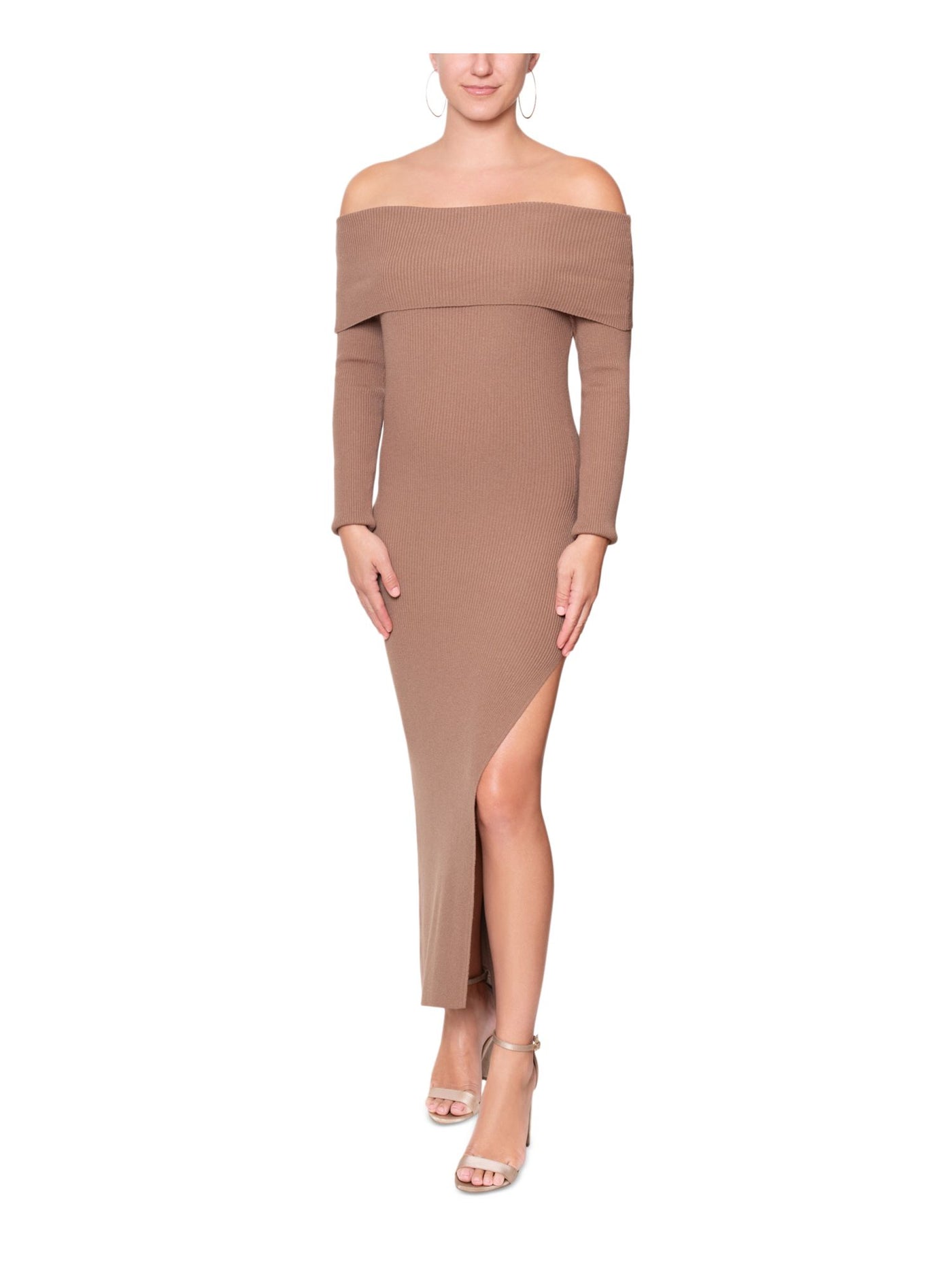RACHEL RACHEL ROY Womens Brown Ribbed Slitted Unlined Pullover Long Sleeve Off Shoulder Maxi Evening Sweater Dress XL