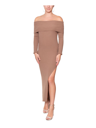 RACHEL RACHEL ROY Womens Brown Ribbed Slitted Unlined Pullover Long Sleeve Off Shoulder Maxi Evening Sweater Dress XL