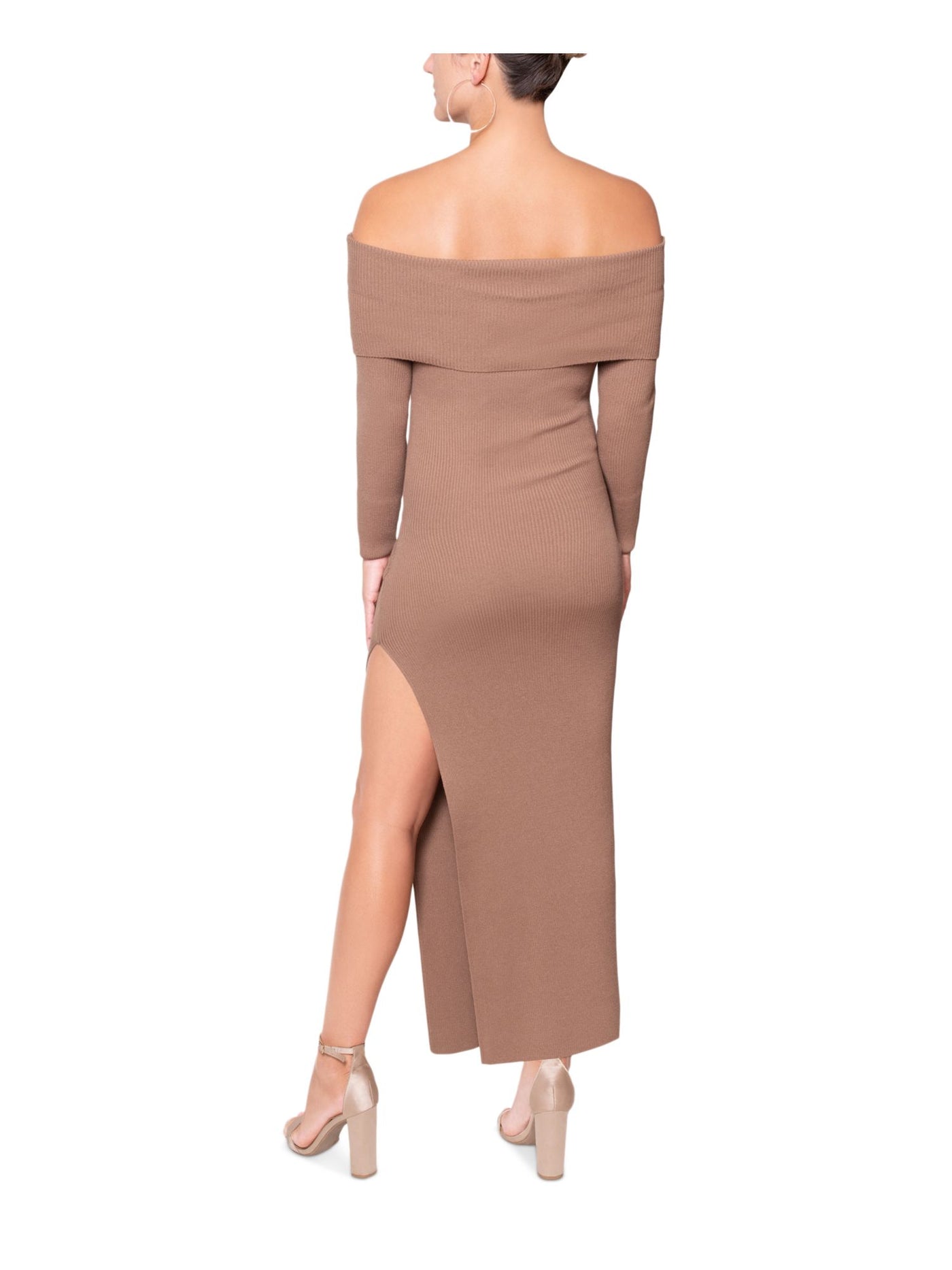 RACHEL RACHEL ROY Womens Brown Ribbed Slitted Unlined Pullover Long Sleeve Off Shoulder Maxi Evening Sweater Dress XL