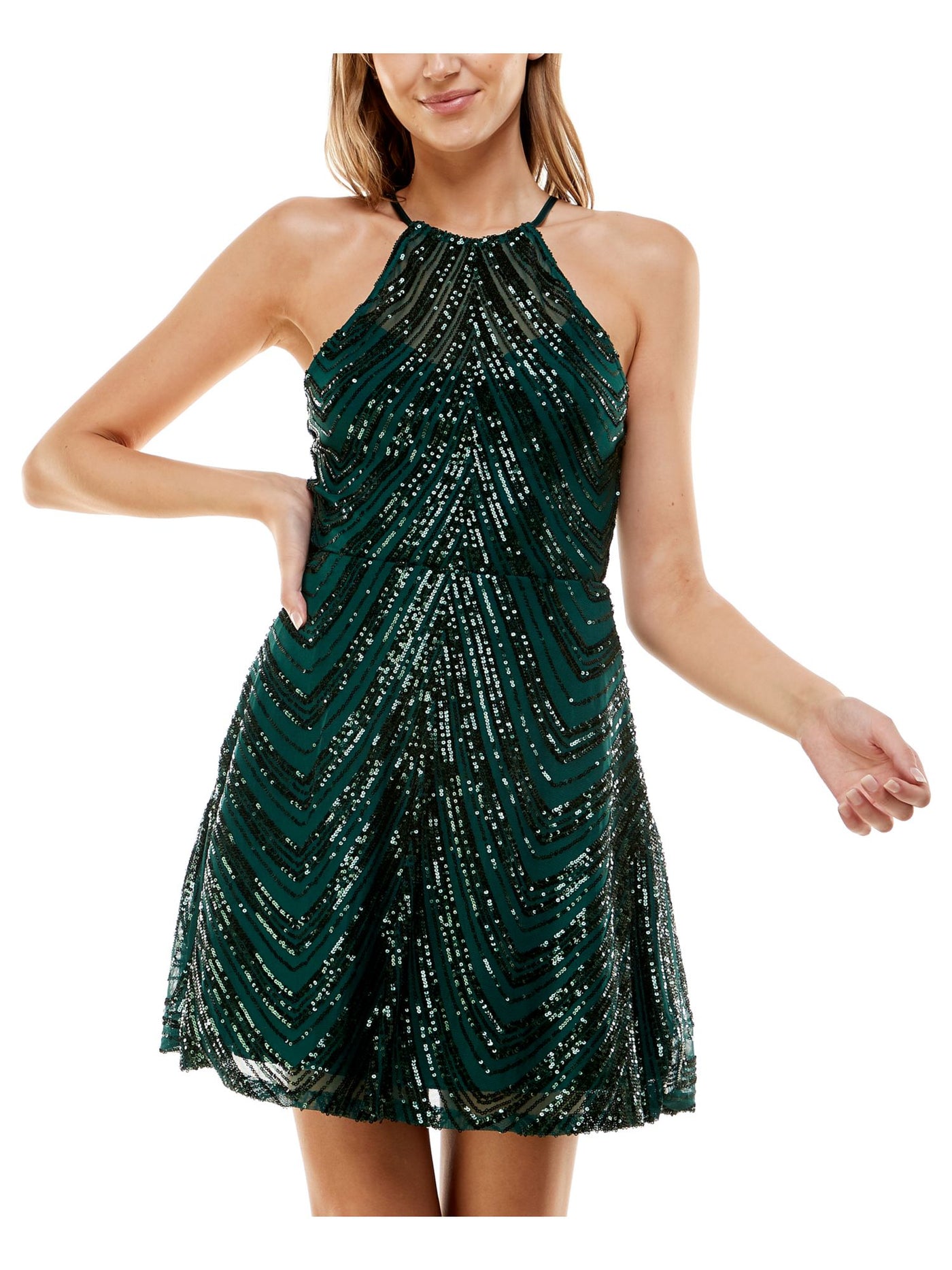 B DARLIN Womens Green Sequined Zippered Lined Strappy Open Back Sheer Bobbi Bricka VIP