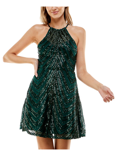 B DARLIN Womens Green Sequined Zippered Lined Strappy Open Back Sheer Sleeveless Halter Short Party Fit + Flare Dress 3\4