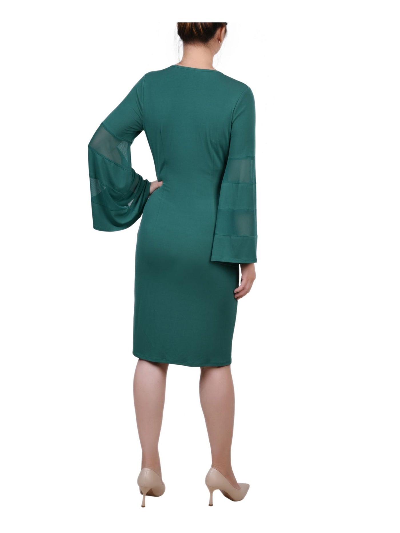 NY COLLECTION Womens Green Pleated Rhinestone Embellishment Bell Sleeve Surplice Neckline Knee Length Party Faux Wrap Dress Petites PS