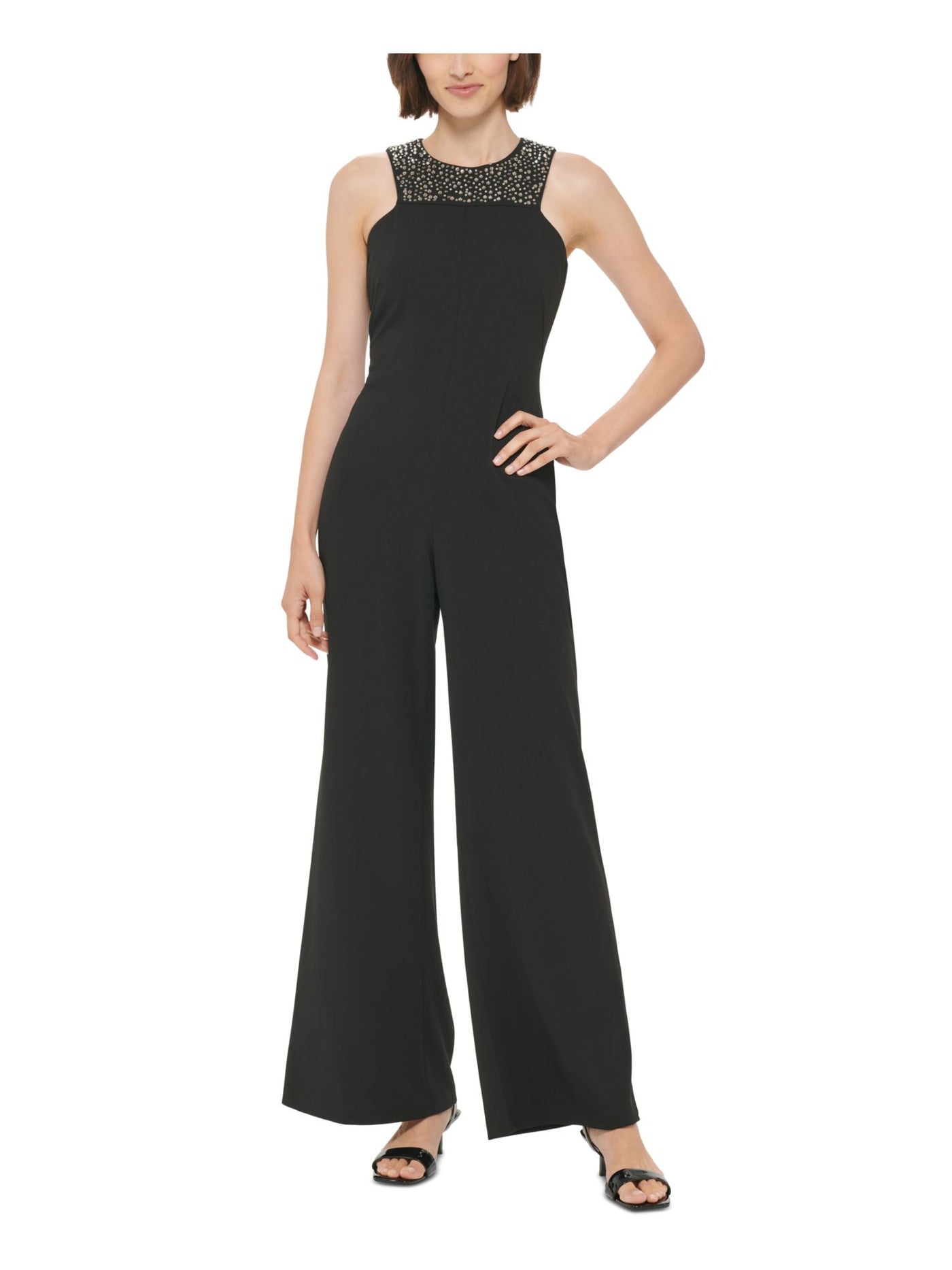 CALVIN KLEIN Womens Black Rhinestone Zippered Lined Bodice Darted Waistless Sleeveless Round Neck Evening Wide Leg Jumpsuit 2