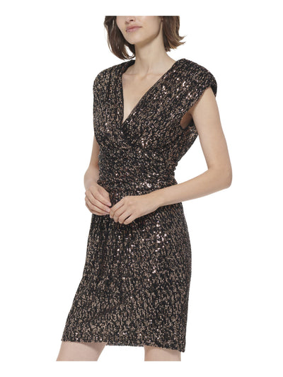 CALVIN KLEIN Womens Black Pleated Zippered Lined Cap Sleeve Surplice Neckline Above The Knee Party Sheath Dress 2
