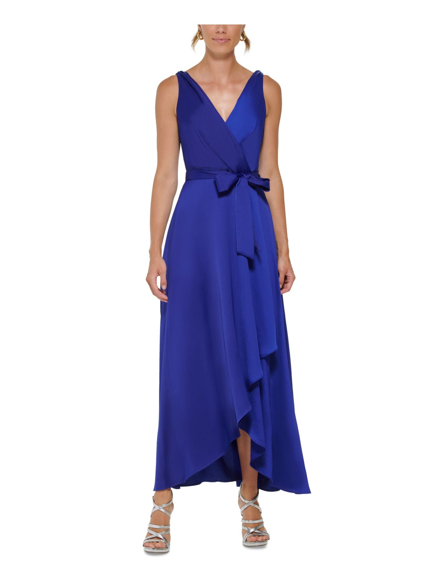 DKNY Womens Blue Pleated Zippered Self-tie Belt Hi-lo Hem Lined Sleeveless Surplice Neckline Full-Length Formal Faux Wrap Dress 4