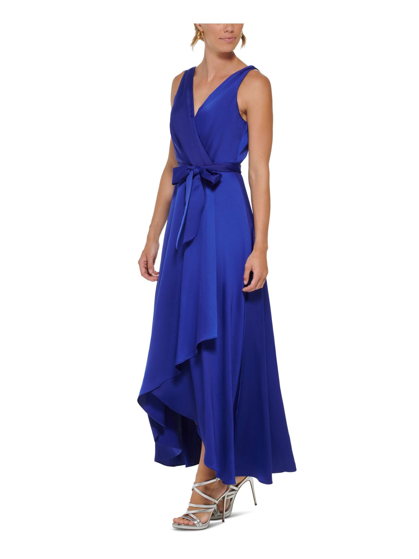 DKNY Womens Blue Pleated Zippered Self-tie Belt Hi-lo Hem Lined Sleeveless Surplice Neckline Full-Length Formal Faux Wrap Dress 4