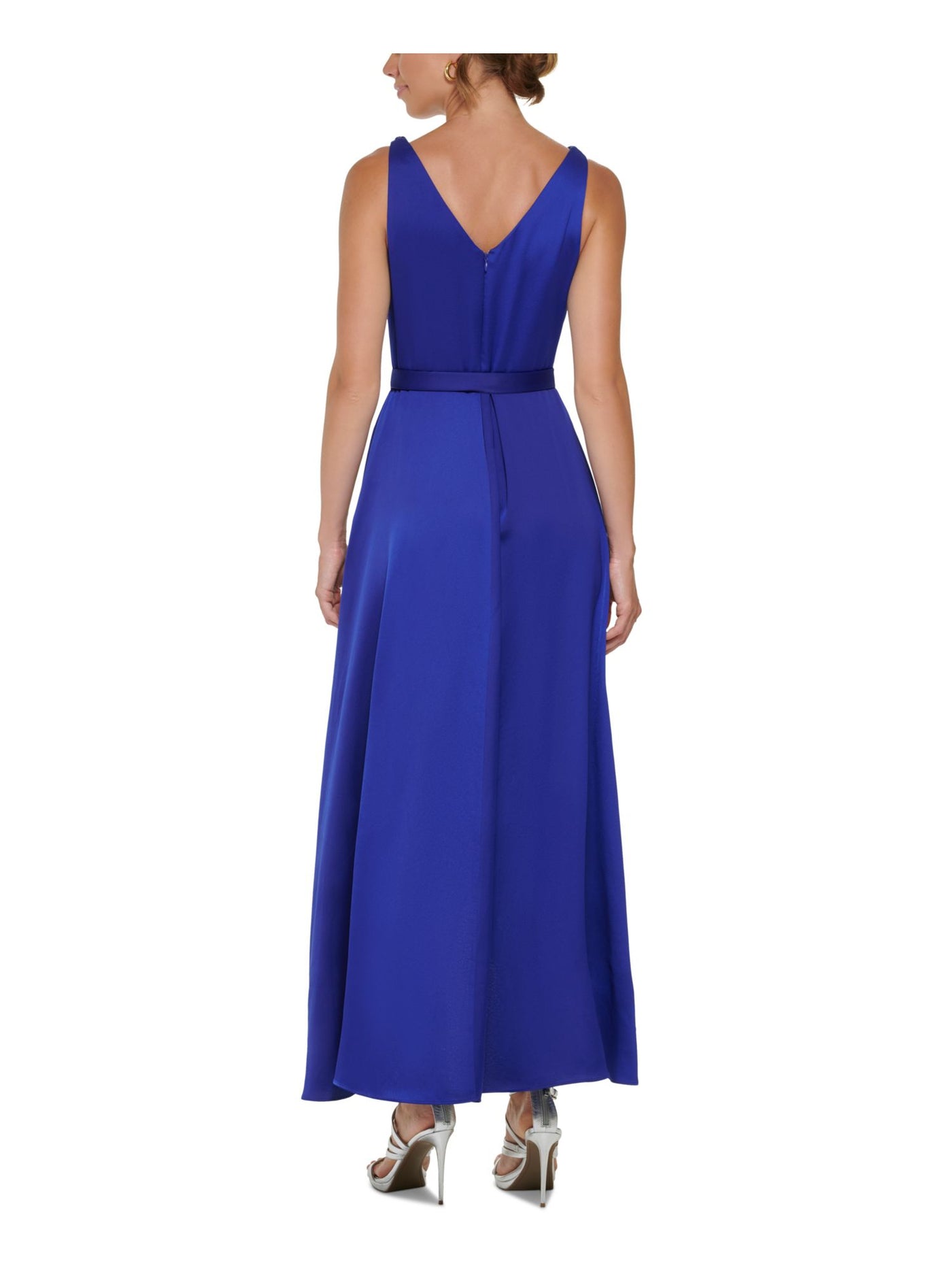 DKNY Womens Blue Pleated Zippered Self-tie Belt Hi-lo Hem Lined Sleeveless Surplice Neckline Full-Length Formal Faux Wrap Dress 18