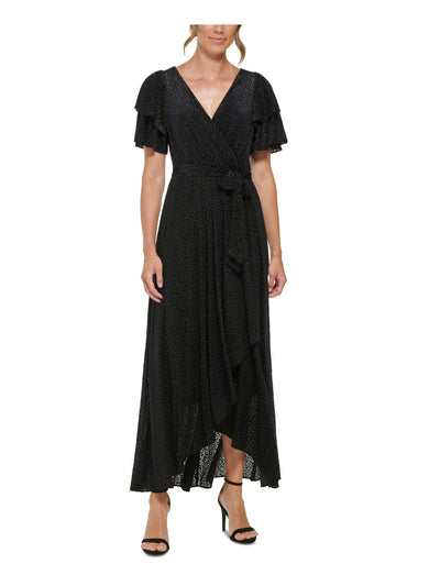 DKNY Womens Black Zippered Lined Self-tie Belt Hi-lo Hem Flutter Sleeve Surplice Neckline Maxi Evening Faux Wrap Dress 4