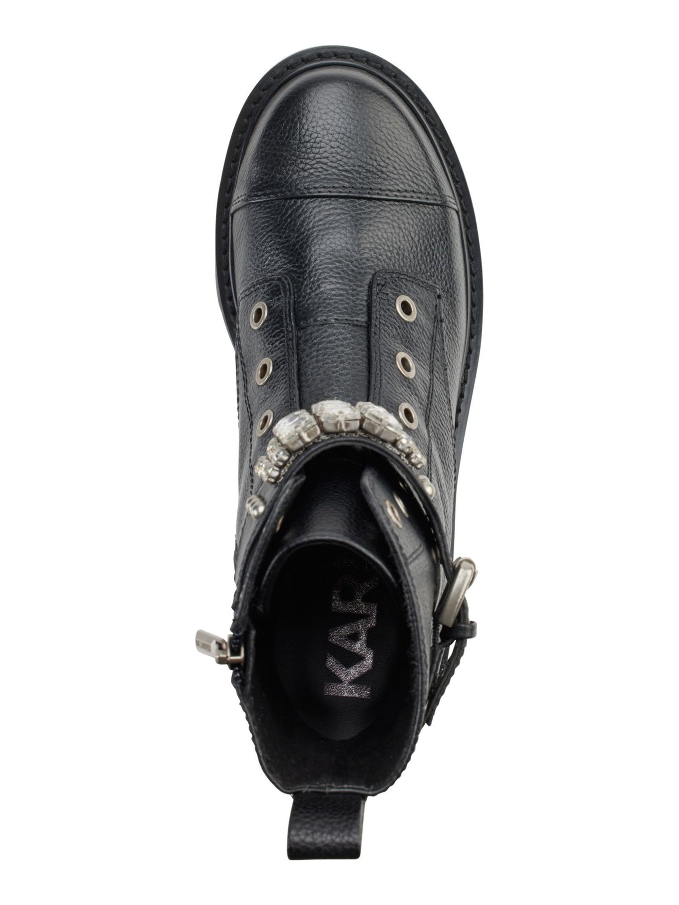KARL LAGERFELD PARIS Womens Black Buckle Eyelet Embellished Maeva Round Toe Block Heel Zip-Up Leather Booties 5 M