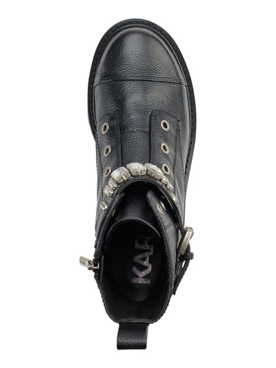 KARL LAGERFELD PARIS Womens Black Buckle Eyelet Embellished Maeva Round Toe Block Heel Zip-Up Leather Booties 5 M
