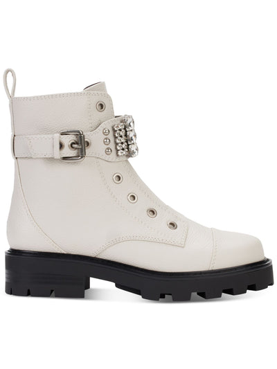 KARL LAGERFELD PARIS Womens White Metallic Lug Sole Padded Grommet Detail Pull Tab Buckle Accent Embellished Maeva Round Toe Block Heel Zip-Up Leather Combat Boots 5