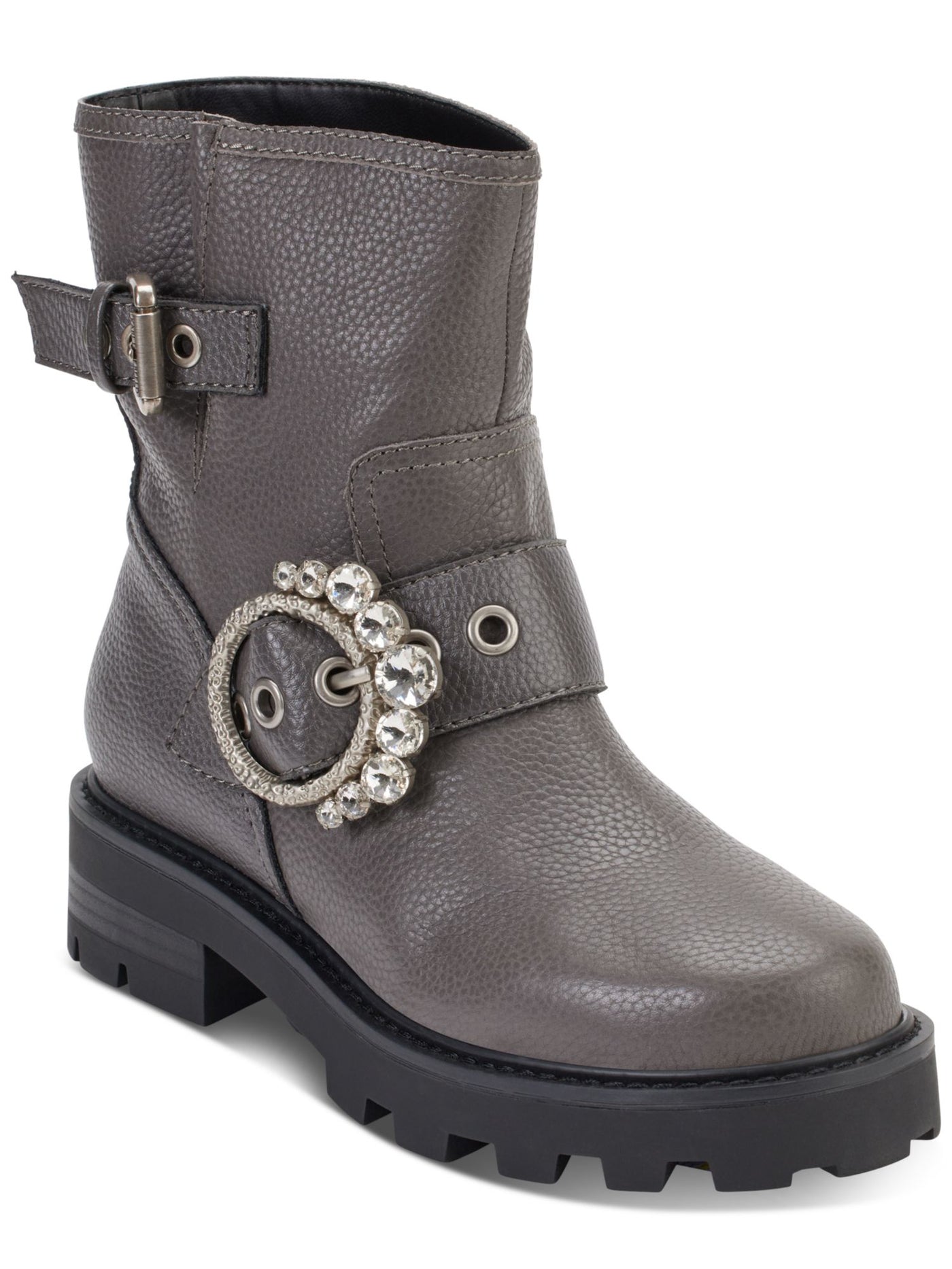 KARL LAGERFELD PARIS Womens Gray Embellished Buckle Accent Marceau Round Toe Block Heel Zip-Up Leather Boots Shoes 9 M