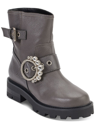 KARL LAGERFELD PARIS Womens Gray Embellished Buckle Accent Marceau Round Toe Block Heel Zip-Up Leather Boots Shoes 5 M