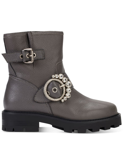 KARL LAGERFELD PARIS Womens Gray Embellished Buckle Accent Marceau Round Toe Block Heel Zip-Up Leather Boots Shoes 5 M