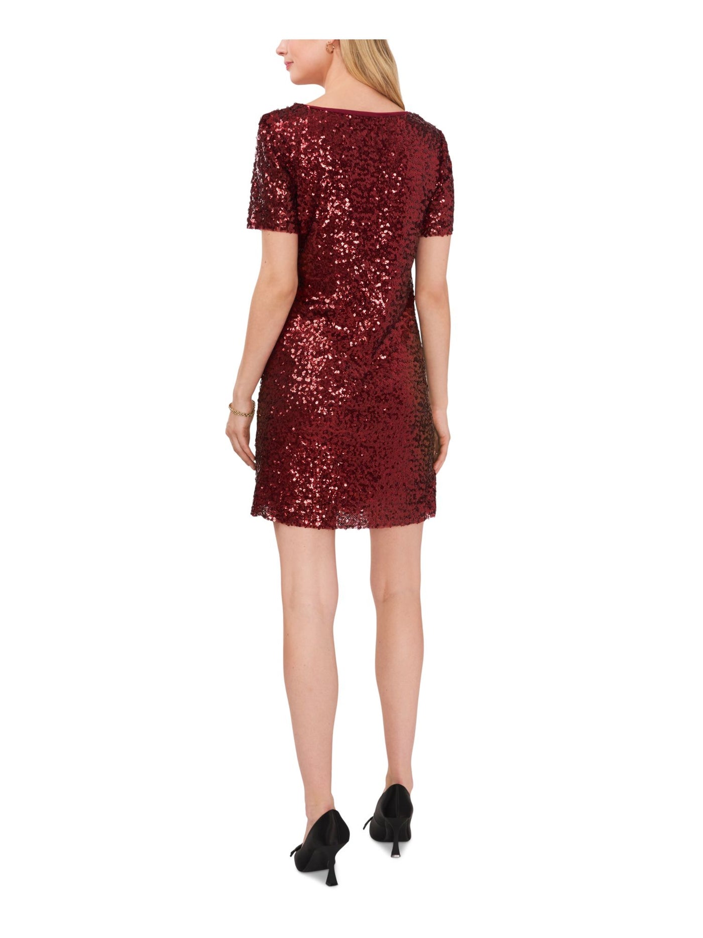 VINCE CAMUTO Womens Burgundy Sequined Short Sleeve Round Neck Above The Knee Party Shift Dress XS