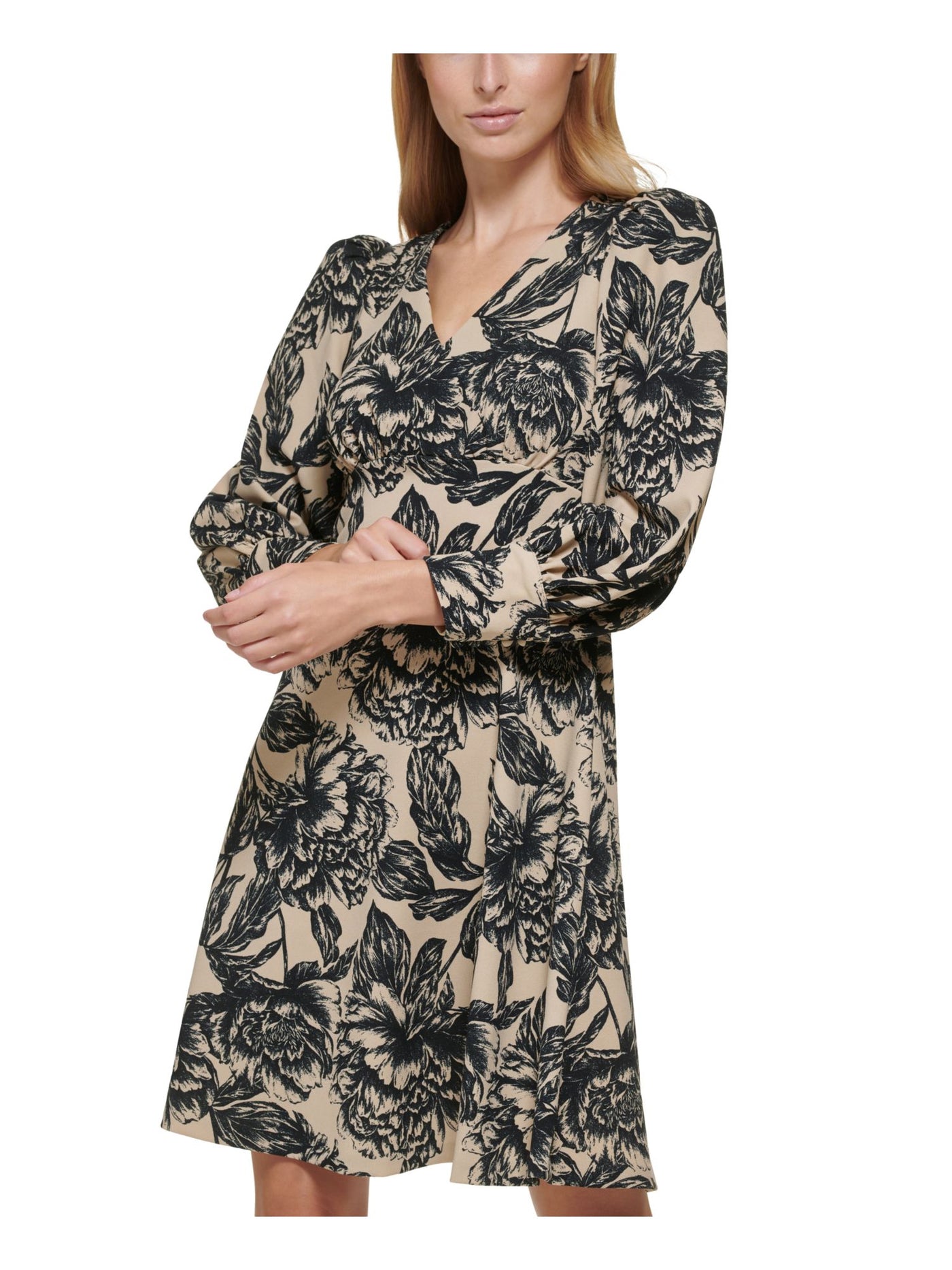 CALVIN KLEIN Womens Beige Zippered Shirred Floral Cuffed Sleeve V Neck Above The Knee Wear To Work Empire Waist Dress 2