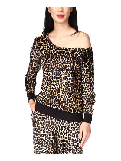 MICHAEL MICHAEL KORS Womens Beige Animal Print Long Sleeve Asymmetrical Neckline Evening Top L