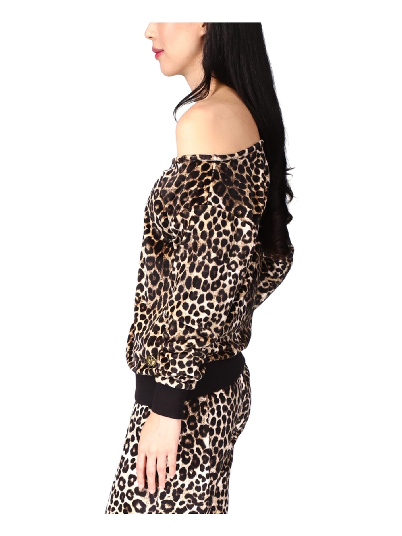 MICHAEL MICHAEL KORS Womens Beige Animal Print Long Sleeve Asymmetrical Neckline Evening Top XS