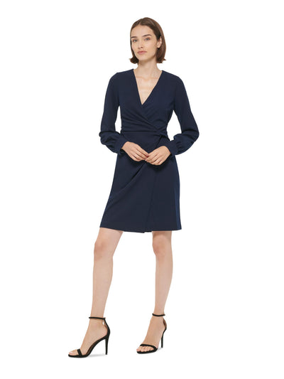 DKNY Womens Zippered Long Sleeve Surplice Neckline Above The Knee Wear To Work Faux Wrap Dress