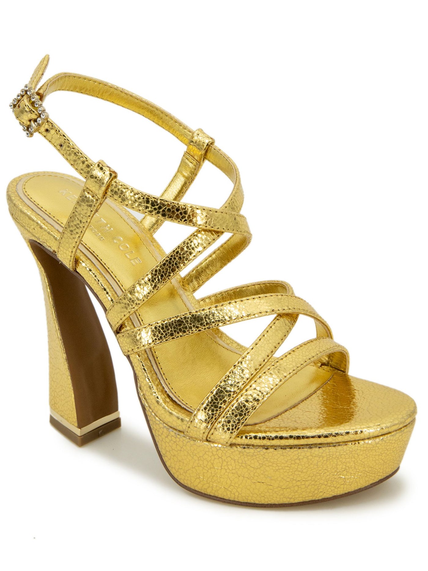 KENNETH COLE NEW YORK Womens Gold 1'' Platform Padded Metallic Strappy Allen Almond Toe Sculpted Heel Buckle Heeled Sandal 10