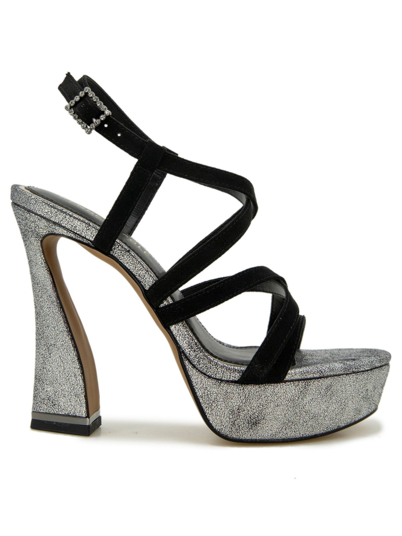 KENNETH COLE NEW YORK Womens Black Mixed Media 1-1/2" Platform Crisscross Straps Padded Allen Almond Toe Sculpted Heel Buckle Dress Heeled Sandal 7.5 M