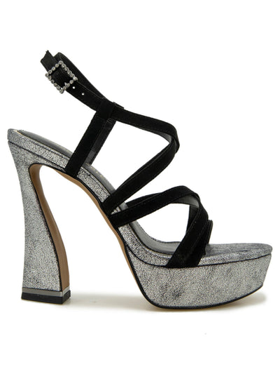 KENNETH COLE NEW YORK Womens Black Mixed Media 1-1/2" Platform Crisscross Straps Padded Allen Almond Toe Sculpted Heel Buckle Dress Heeled Sandal 7.5 M