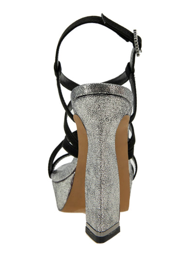 KENNETH COLE NEW YORK Womens Silver Mixed Media 1-1/2" Platform Crisscross Straps Padded Allen Almond Toe Sculpted Heel Buckle Dress Heeled Sandal 8.5 M