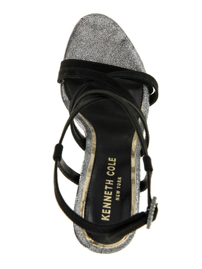 KENNETH COLE NEW YORK Womens Silver Mixed Media 1-1/2" Platform Crisscross Straps Padded Allen Almond Toe Sculpted Heel Buckle Dress Heeled Sandal 8.5 M