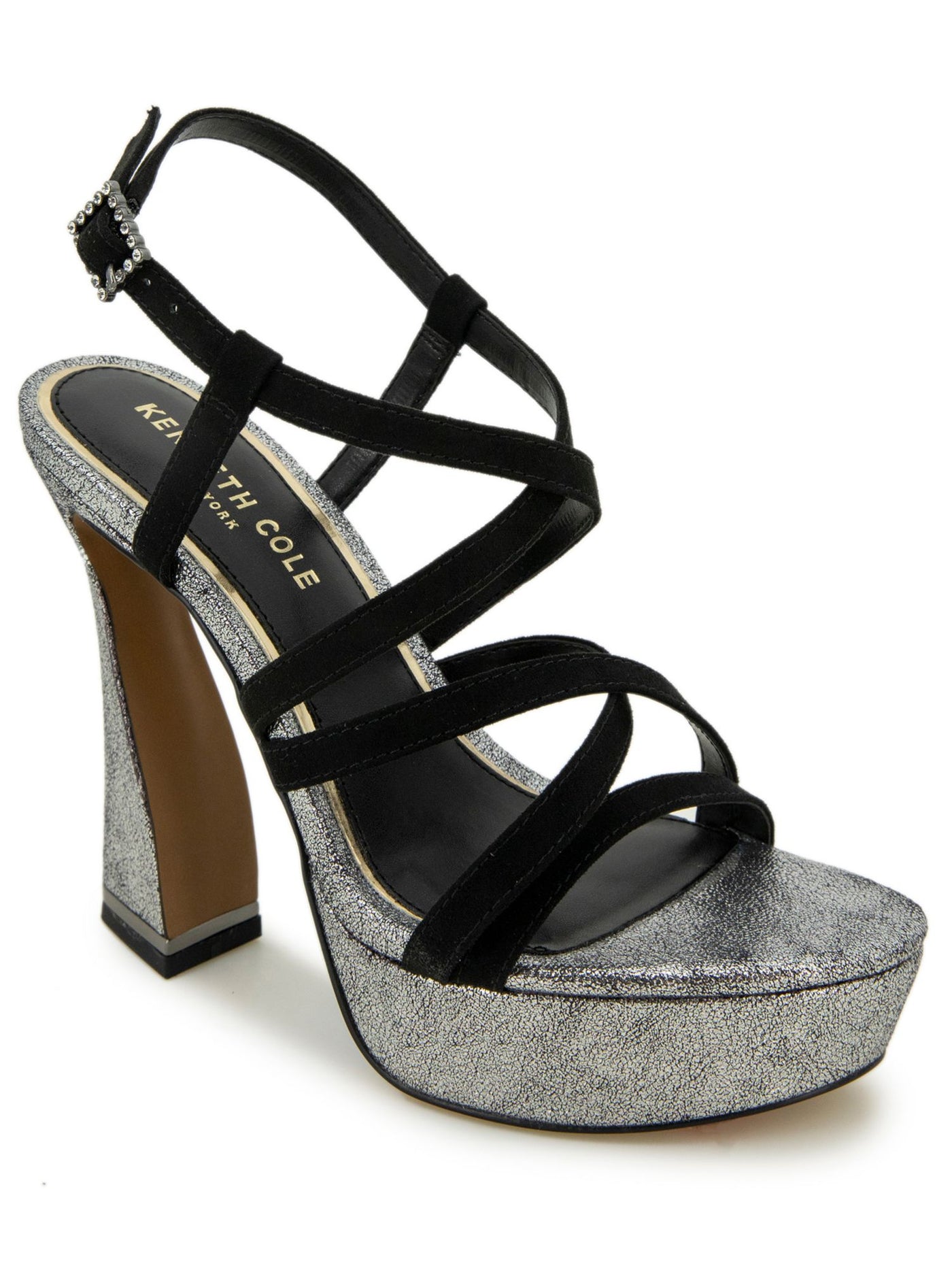 KENNETH COLE NEW YORK Womens Black Mixed Media 1-1/2" Platform Crisscross Straps Padded Allen Almond Toe Sculpted Heel Buckle Dress Heeled Sandal 7.5 M