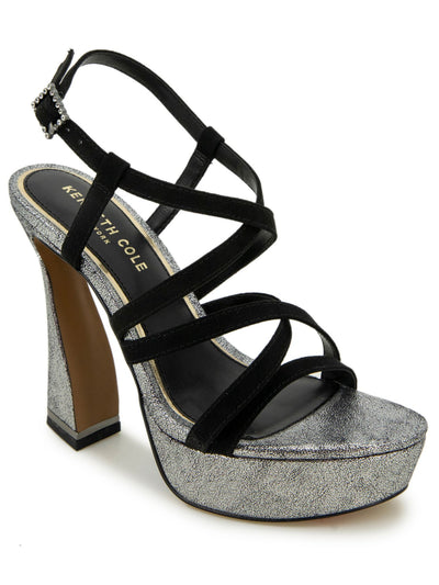 KENNETH COLE NEW YORK Womens Black Mixed Media 1-1/2" Platform Crisscross Straps Padded Allen Almond Toe Sculpted Heel Buckle Dress Heeled Sandal 7.5 M