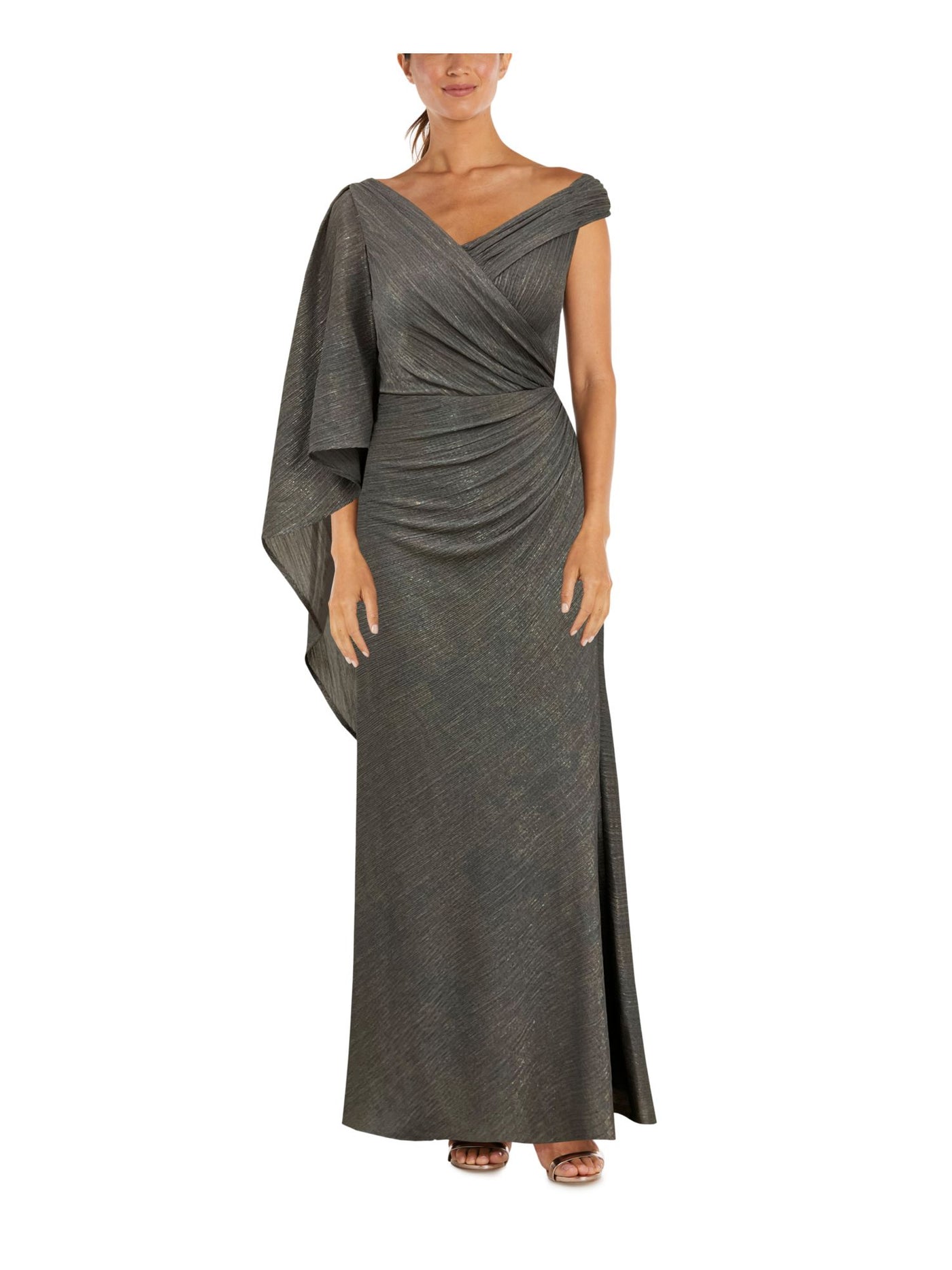 NIGHTWAY Womens Gray Ruched Zippered Draped Sleeve Lined V Neck Full-Length Formal Gown Dress 4