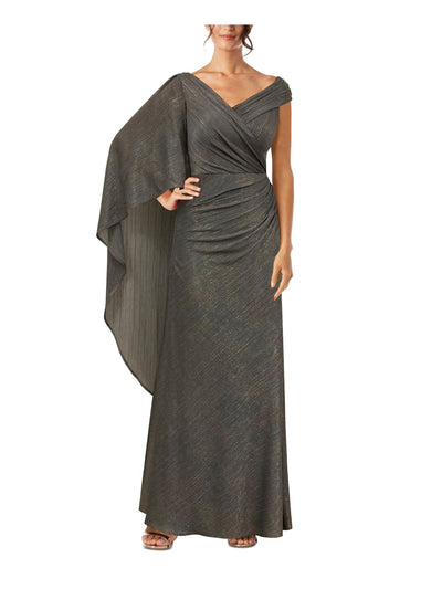 NIGHTWAY Womens Gray Ruched Zippered Draped Sleeve Lined V Neck Full-Length Formal Gown Dress 4