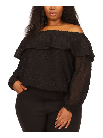 MICHAEL MICHAEL KORS Womens Black Sheer Lined Ruffle Overlay Long Sleeve Off Shoulder Top Plus 2X