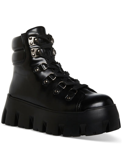 MADDEN GIRL Women's Black Alpine Lug Sole Padded Solid 1.5 Platform Lace-Up Front Bootie