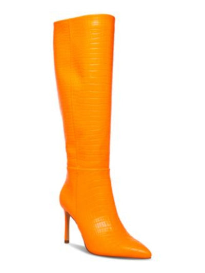 MADDEN GIRL Womens Orange Croc Embossed Padded Chantelle Pointed Toe Stiletto Zip-Up Dress Boots 6 M