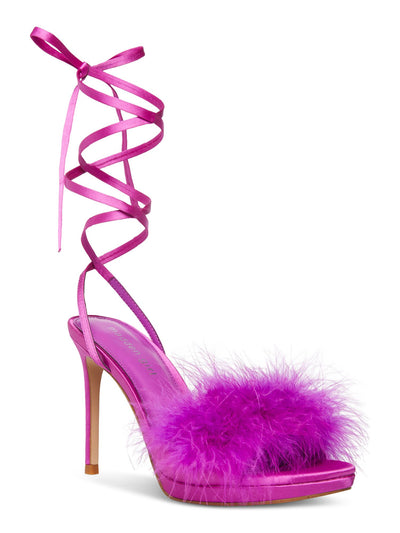 MADDEN GIRL Womens Purple Feather Trim Crisscrossing Straps Padded Excitee Round Toe Stiletto Lace-Up Dress Heeled Sandal 5.5 M