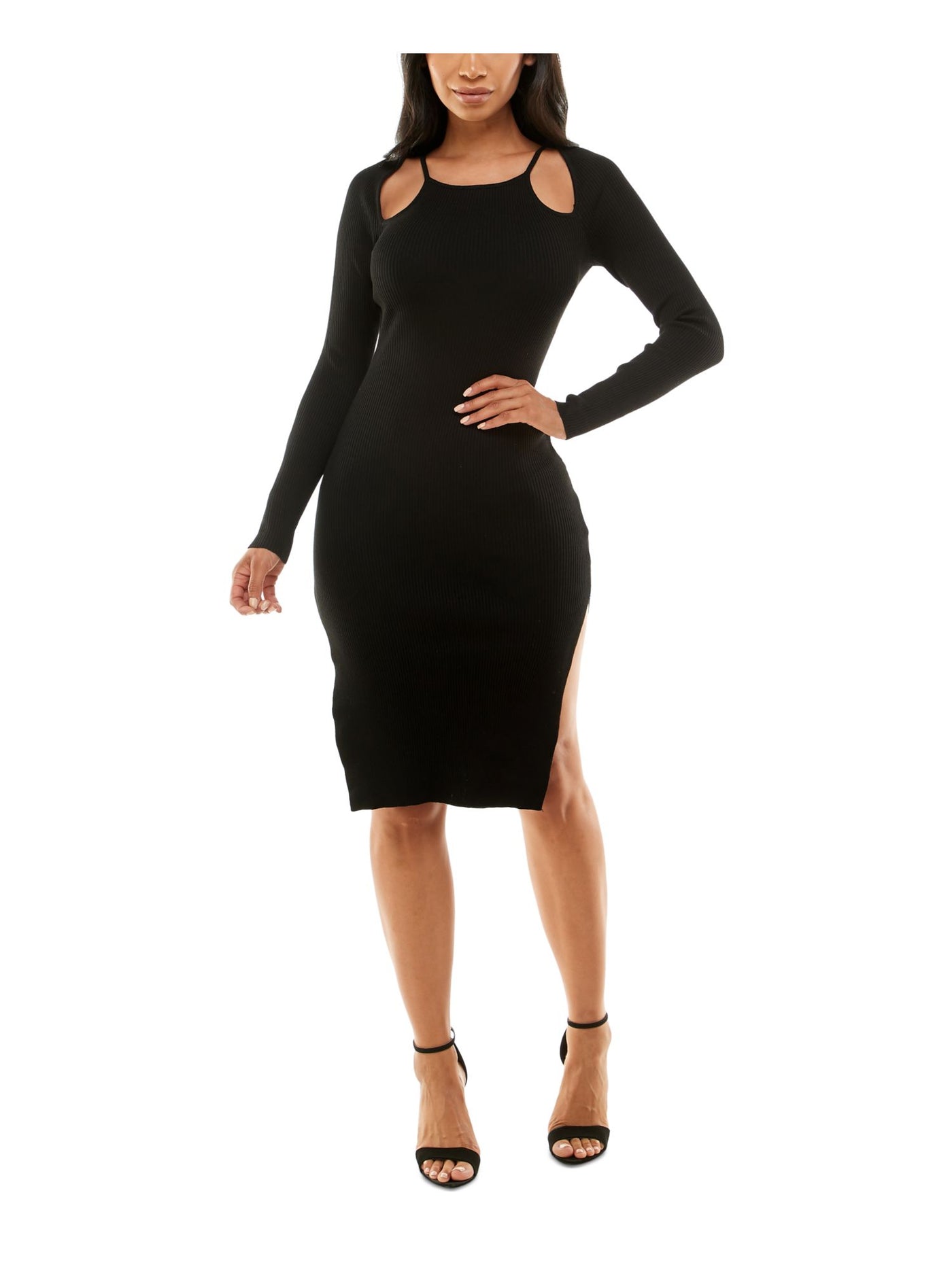 ALMOST FAMOUS Womens Black Cold Shoulder Ribbed Side Slits Raglan Sleeve Halter Midi Formal Sweater Dress M