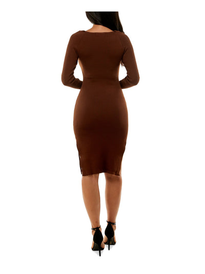 ALMOST FAMOUS Womens Brown Cold Shoulder Ribbed Side Slits Raglan Sleeve Halter Midi Party Sweater Dress M