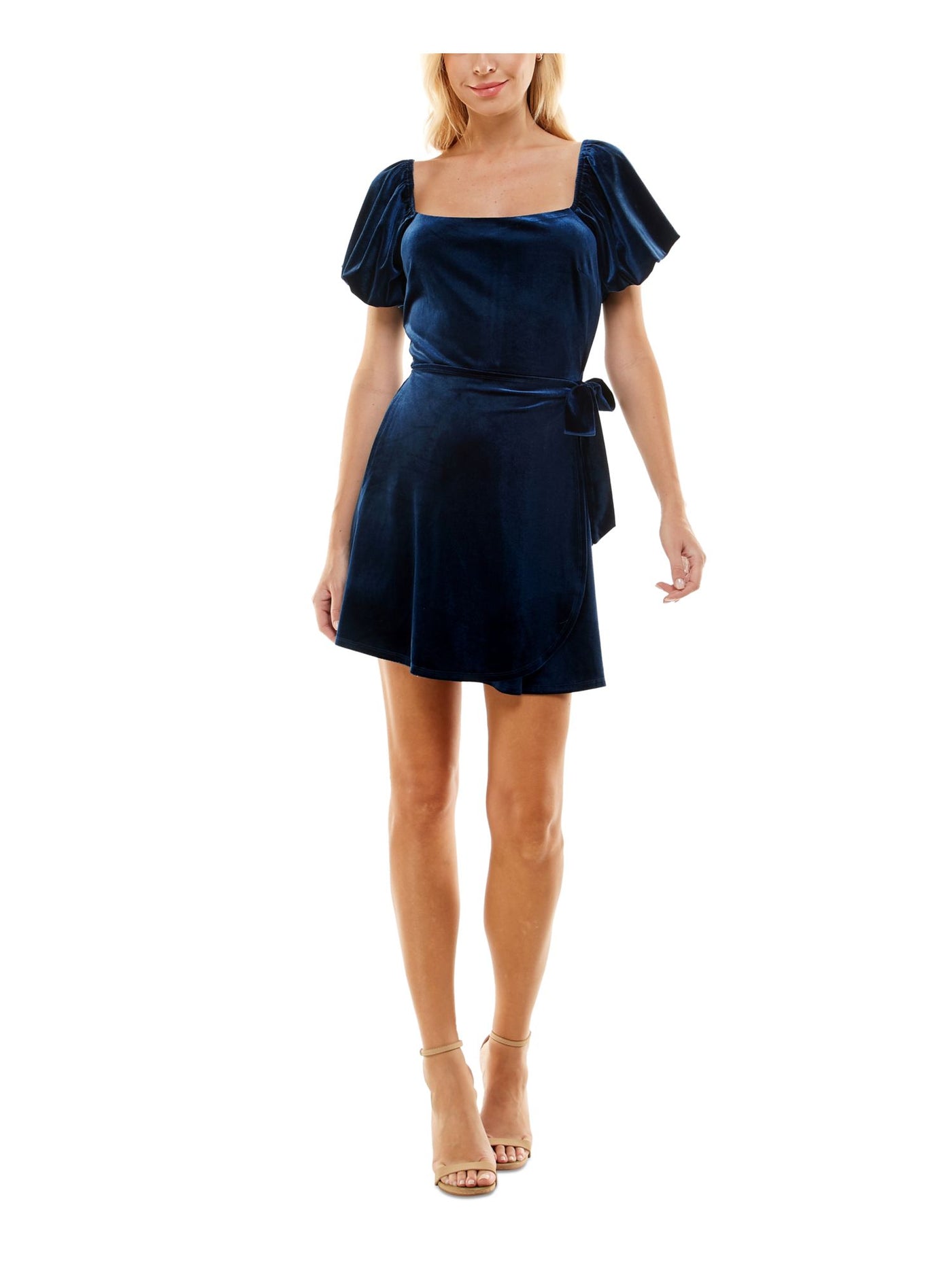 TRIXXI Womens Navy Zippered Short Sleeve Square Neck Short Party Fit + Flare Dress XS