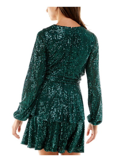 TRIXXI Womens Green Sequined Zippered Lined Layered Tie Belt Elastic S Long Sleeve Surplice Neckline Mini Party Fit + Flare Dress Juniors 3