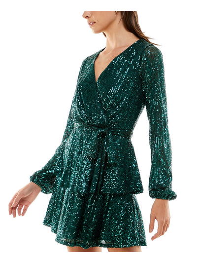 TRIXXI Womens Green Sequined Zippered Lined Layered Tie Belt Elastic S Long Sleeve Surplice Neckline Mini Party Fit + Flare Dress Juniors 3