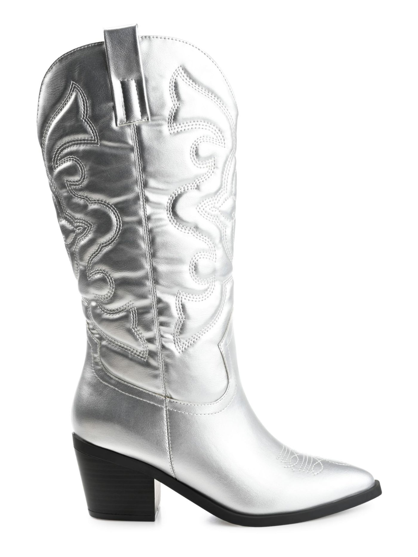 JOURNEE COLLECTION Womens Silver Curved Metallic Embroidered Chantry Pointed Toe Block Heel Western Boot 6.5