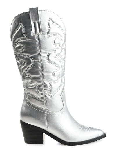 JOURNEE COLLECTION Womens Silver Curved Metallic Embroidered Chantry Pointed Toe Block Heel Western Boot 6.5